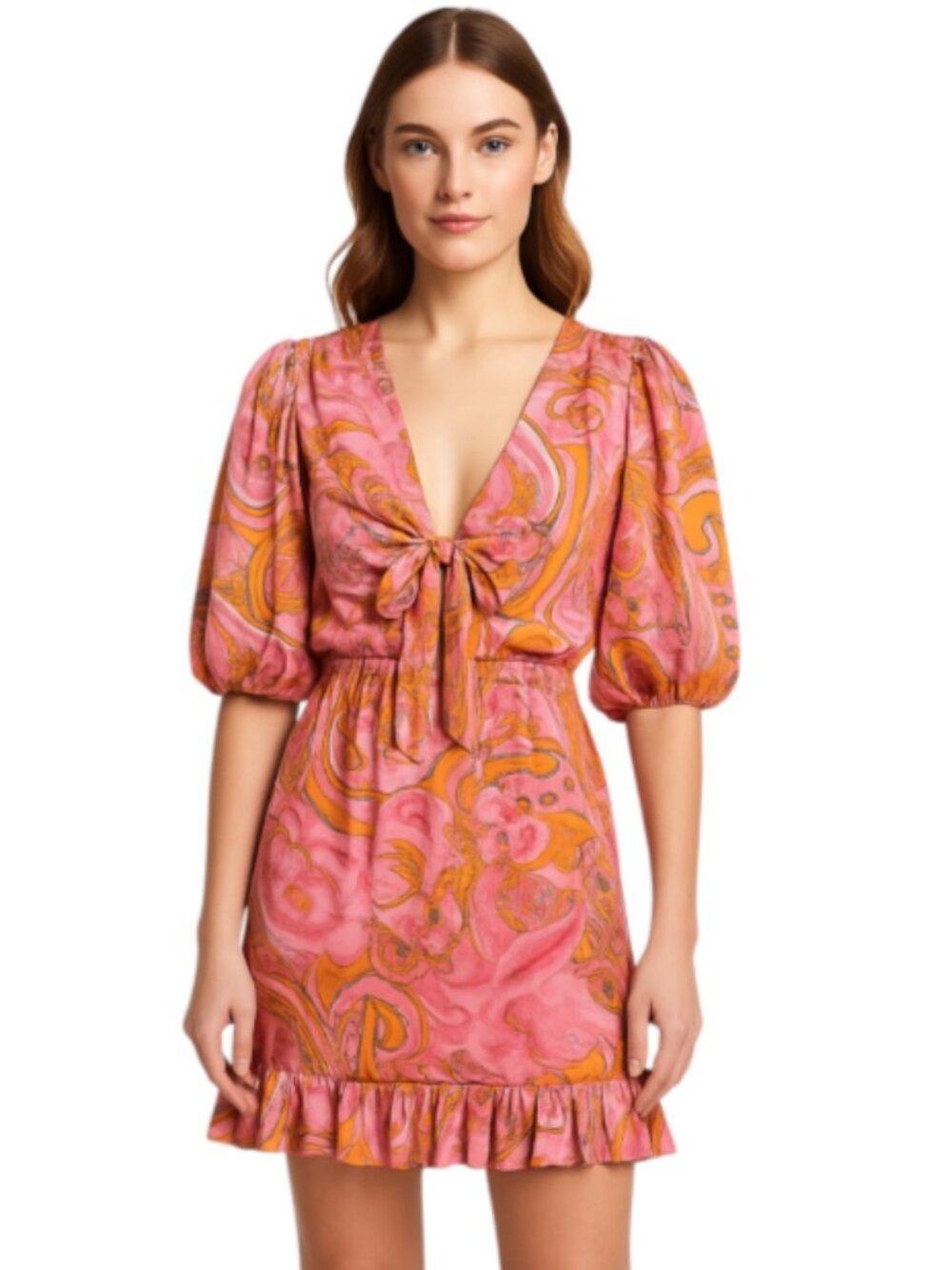 DELFI Collective Medium Paisley Mini Dress RTR Puff Sleeve Tie Front Ruffle Hem